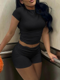 LW BASICS Casual Modal Round Neck Solid Color Short Sleeve Two-piece Shorts Set